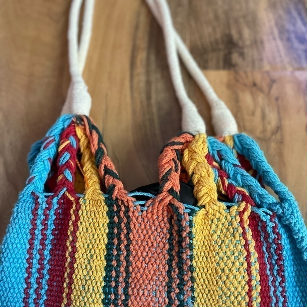 Handwoven Chiapas Loom Cotton Tote Bag Multicolor Festival Summer - Picture 6 of 6